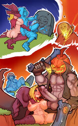 1girls 2boys abs balls big_penis blonde_hair blue_eyes brian_(overwatch) clothing comic erection female grave hair handjob_from_behind hat male markydaysaid mercy mostly_nude muscular_male overwatch overwatch_2 penis penis_size_difference pumpkin pumpkin_reaper pussy reach_around reaper spread_legs straight video_games witch_hat witch_mercy