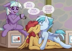 2019 3girls absurd_res anthro anthro_only camera crate cuckquean cutie_mark dialogue english_text equid equine fearingfun female female/female female_only group hi_res kissing mammal my_little_pony open_mouth pterippus purple_eyes pussy sitting text ungulate ungulate_legs wings yuri yuri_with_female_audience