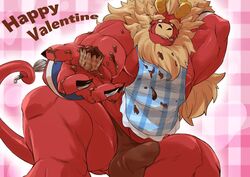 2018 4_fingers apron beard big_muscles blush bulge candy chocolate clothing cupcake demon eyebrows facial_hair fingers food fur gardie_(otukimi) hand_behind_head hi_res horn looking_at_viewer male male_only muscular muscular_male nipples othukimi penis_outline pink_nipples red_body red_skin sitting solo tan_body tan_fur text thick_eyebrows underwear yellow_horn