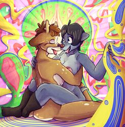 acid bodily_fluids breasts canid canine canis cervid closed_eyes clothing dengus-pengus domestic_dog domination duo female female_domination hug kissing legwear mammal penis psychedelic rainbow saliva smile socks trippy_background