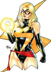 1girls aura avengers big_breasts black_gloves black_leotard blonde_hair blue_eyes breasts busty carol_danvers clenched_hand clothed cowboy_shot domino_mask ed_benes_studio female female_only fist fred_benes frown gloves large_breasts leotard long_hair marvel marvel_comics mask ms._marvel ms._marvel_(carol_danvers) pinup red_lips red_lipstick red_sash sash solo superheroine thighs