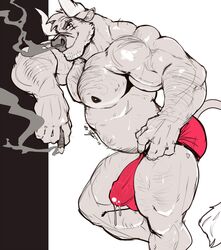 2019 5_fingers anthro arm_hair big_bulge big_muscles big_penis bodily_fluids body_hair bovid bovine bulge cattle chest_hair cigar clothed clothing fingers genital_fluids hairy hi_res horn looking_at_viewer male male_only mammal muscular muscular_male nightterror nipples penis penis_outline precum precum_through_clothing precum_through_underwear scar smile solo standing topless underwear wet wet_clothing