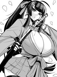 black_hair cleavage female gloves hakama huge_breasts japanese_clothes katana long_hair looking_at_viewer monochrome nishida_megane original