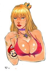 1girls 2019 bare_arms bare_shoulders big_breasts blonde_hair blue_eyes bra breasts busty choker cleavage collar crown dated ed_benes_studio female female_only jewelry large_breasts lipstick long_hair mario mario_(series) necklace nintendo pinup princess_peach red_bra red_lips red_lipstick signature simple_background smile smiling solo twirling_hair underwear upper_body vagner_fernandes white_background