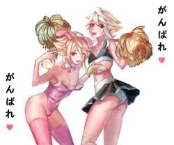 <3 2boys androgynous banana black_skirt blonde bottle bunny_ears bunnysuit bunnysuit_bulge cheerleader cheerleader_uniform corrin_(fire_emblem) corrin_(fire_emblem)_(male) detached_collar femboy fire_emblem fire_emblem_fates fire_emblem_heroes girly headband heart japanese_text light_skin male_cheerleader male_only nintendo open_mouth panties pom_poms red_eyes samsara samsara_(shuukeura) skirt stockings tagme trap white_background white_panties