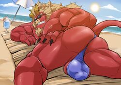 2019 4_fingers absurd_res ass balls balls_outline beach beard beverage big_muscles bulge clothing demon eyebrows eyewear facial_hair fingers gardie_(otukimi) grin hair hi_res horn looking_at_viewer lying male male_only muscular muscular_male on_front othukimi penis_outline red_body red_skin seaside smile solo speedo sunglasses swimwear tan_hair thick_eyebrows yellow_horn