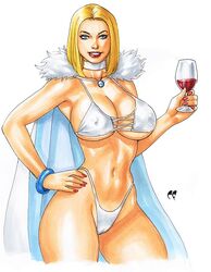 1girls alcohol big_breasts bikini blonde_hair blue_eyes bracelet breasts busty cape choker chris_foulkes cleavage emma_frost eyelashes female female_only hand_on_hip hellfire_club hourglass_figure large_breasts lipstick looking_at_viewer marvel marvel_comics nail_polish navel panties pinup short_hair smile solo standing straight_hair tagme thong thong_bikini underboob white_background white_queen wide_hips wine wine_glass x-men