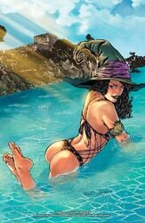 all_fours arm_band artist_name ass barefoot black_bra black_hair black_panties black_thong blue_eyes bra dat_ass evil_grin eye_contact female female_ass female_only grimm_fairy_tales_zenescope leonardo_paciarotti lipstick looking_at_viewer lynessa_(zenescope) mexico official_art panties partially_submerged purple_lips purple_lipstick sun_rays sunrays text thong vincenzo_federici water witch witch_hat zenescope