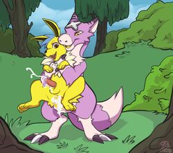 2boys anal anal_sex bodily_fluids canine crossover cum cum_drip cum_in_ass cum_inside cum_while_penetrated cumshot digimon digimon_(species) dipstick_tail dorumon dripping duo eeveelution ejaculation erection forest furry gay genital_fluids half-closed_eyes holding jolteon larger_male male male_only multicolored_tail nintendo o-ishi orgasm original_character penetration penis pokémon_(species) pokemon pokemon_(species) pokemon_rgby sex size_difference small_penis smaller_male stand_and_carry_position standing standing_sex tapering_penis testicles text thick_thighs tree video_games watermark wide_hips x-digimon yama_the_dorumon yaoi