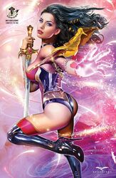 1girls ass big_breasts black_hair black_heels blue_eyes breasts busty cape comic_cover dat_ass female female_only flying from_behind from_side greg_horn grimm_fairy_tales_(comic) heels high_heels holding_sword holding_weapon large_breasts leotard lipstick long_hair magic official_art pinup realistic red_lips red_lipstick skye_mathers solo superheroine sword text thick_ass thighhighs weapon yellow_cape zenescope zenescope_entertainment