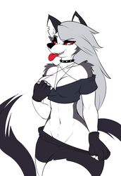 1girls anthro canid canid_demon canine choker danonymous demon dress ears_up female fit_female gloves grey_fur hellhound helluva_boss loona_(helluva_boss) mammal red_eyes tagme tail tongue_out vivienne_medrano wolf wolf_ears wolf_tail