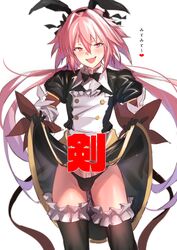 absurdres astolfo_(fate) astolfo_(saber)_(fate) bangs black_bow black_legwear black_ribbon blush bow censored convenient_censoring dress dress_lift erection fate/grand_order fate_(series) femboy hair_between_eyes hair_intakes hair_ribbon hairbow highres japanese_text long_hair long_sleeves looking_at_viewer male_focus male_only multicolored_hair penis pink_hair purple_eyes ribbon solo solo_male streaked_hair text thighhighs thighs translated trap twintails ulrich_(tagaragakuin) white_hair