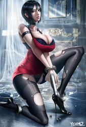 ada_wong ada_wong_(adriana) big_breasts biohazard black_hair black_legwear capcom clothed_female female female_focus female_only pantyhose resident_evil resident_evil_2 resident_evil_2_remake short_hair solo solo_focus torn_pantyhose yichimoo