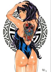 1girls 2019 ass back_tattoo back_view betsy_braddock blue_eyes blue_leotard breasts color cowboy_shot dat_ass dated ed_benes_studio erect_nipples erect_nipples_under_clothes excalibur_(marvel_comics) female female_ass female_only from_behind half-closed_eyes highleg highleg_leotard leotard lipstick marvel marvel_comics nail_polish nipple_bulge nipples oni pink_lips pink_lipstick pink_nail_polish pink_nails pinup psylocke purple_hair signature solo straight_hair tattoo thighs vagner_fernandes x-force x-men