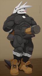 1boy 2019 abs absurd_res aggron anthro balls biceps black_skin blue_eyes bodily_fluids boots clothing dog_tags footwear footwear_only genital_fluids gloves handwear hi_res humanoid_penis jewelry leather looking_down male male_only military mostly_nude muscle muscles muscular necklace nintendo nipples nude pecs penis pokémon_(species) pokemon pokemon_(species) precum rufus_(tjloog) shoes shoes_only simple_background solo story sweat tjloog tongue tongue_out video_games weights wood_floor