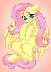 2019 animated bed bigmoon206 blue_eyes blush cutie_mark equid equine feathered_wings feathers female feral flashing fluttershy_(mlp) friendship_is_magic furniture hair heart horsepussy looking_at_viewer lying mammal my_little_pony on_back on_bed pink_hair presenting presenting_pussy pterippus pussy simple_background smile solo spread_legs spreading underhoof wings