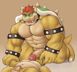 2019 4_fingers absurd_res adios anthro anthro_on_anthro balls bodily_fluids bowser bracelet brown_background claws collar drooling duo erection fingers hi_res humanoid_penis jewelry koopa male male/male male_only mario_(series) muscular muscular_male navel nintendo nipples nude one_eye_closed penis retracted_foreskin saliva scalie simple_background size_difference sledge_bro spiked_bracelet spiked_collar spikes uncut vein veiny_penis video_games