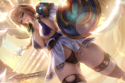 1girls blonde_hair blue_eyes breasts cameltoe cleavage clothing clothing_damage curvy damaged damaged_armor damaged_clothes female female_only high_resolution highres large_breasts limgae long_hair looking_at_viewer milf panties pubic_hair shield silf skirt solo sophitia_alexandra soul_calibur soul_calibur_ii soul_calibur_iii torn_clothes torn_clothing wide_hips