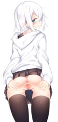 anus ass black_legwear blue_eyes blush censored female from_behind from_below hair_between_eyes hood hood_down hoodie looking_at_viewer looking_back mosaic_censoring no_panties original otokuyou pleated_skirt pussy ringo-chan_(otokuyou) short_hair skirt skirt_lift solo spread_pussy tail thighhighs white_background white_hair