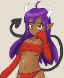 1girls clothed dark-skinned_female dark_skin demon_girl demon_tail earrings female female_only halpenstance horns purple_hair solo succubus