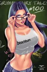 1girls big_breasts big_breasts bimbo black_hair blue_jeans breasts busty chalk chalkboard comic_cover elias_chatzoudis eye_contact female female_only glasses grey_shirt grimm_fairy_tales_zenescope jeans large_breasts long_hair looking_at_viewer official_art pink_lips pink_lipstick pinup sela_mathers shirt signature solo teacher text upper_body writing zenescope