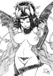 1girls 2011 areolae bat belt black_and_white black_hair breasts choker demon demon_girl demon_wings digimon digimon_(species) erect_nipples female female_only gamonkoubou half-closed_eyes headdress horns large_breasts large_nipples lilithmon lipstick long_fingernails makeup monochrome navel nipples nude pointy_ears seven_great_demon_lords sketch smile solo succubus white_background wings