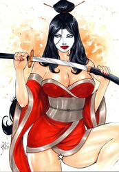 1girls 2019 ana_ishikawa angry big_breasts black_hair blue_eyes breasts busty censored crusade_comics dated dress ed_benes_studio facepaint female female_only geisha glare hair_bun hair_stick hairpin holding_sword holding_weapon kimono knee_up lanio_sena large_breasts lipstick long_hair pinup red_dress red_lips red_lipstick shi shi_(character) signature solo star_censor sword thighs unsheathing weapon