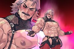 1boy abs bara blush blushing boxers bulge king_of_fighters male_focus male_only muscular muscular_male nipples omega_rugal rugal_bernstein shirtless simple_background snk solo_male tagme