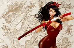 1girls big_breasts black_hair blue_eyes breasts busty cleavage cleavage_cutout dress eye_contact female female_only franchesco glasses grimm_fairy_tales_zenescope hairband hairbow holding_sword holding_weapon katana large_breasts lipstick long_hair looking_at_viewer nail_polish official_art pinup red_dress red_hairband red_lips red_lipstick red_nail_polish red_nails sela_mathers solo sword unsheathing wallpaper weapon zenescope