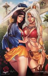 2girls ass baba_yaga_(zenescope) bandana big_breasts black_hair blue_dress boots bra bra_pull breasts brown_boots busty cleavage comic_cover dress elias_chatzoudis eye_contact facepaint female female_ass female_only glasses grimm_fairy_tales_zenescope hair_tie large_breasts loincloth long_hair looking_at_viewer looking_back looking_back_at_viewer miniskirt monorail official_art panties pinup ponytail pouch red_bra red_lips red_lipstick rose roses sela_mathers signature skirt talons text thighs upskirt white_eyes white_hair white_panties yellow_skirt zenescope