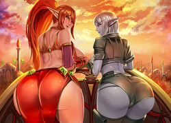 2girls ass badcompzero big_ass big_breasts blood_elf breasts female female_only large_breasts looking_at_viewer looking_back nearie thighhighs world_of_warcraft