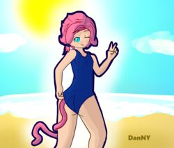 1girls ass beach blue_eyes cat_ears cat_girl cat_tail catgirl female female_only flat_chest maeve_(paladins) neko paladins pink_hair solo swimsuit tail