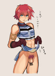 1boy akimachi blue_eyes brown_gloves crop_top cropped_legs flaccid gloves highres lifted_by_self loincloth_lift male_focus male_pubic_hair midriff navel open_mouth penis pubic_hair red_hair reid_hershel simple_background solo tales_of_(series) tales_of_eternia tan_background toned toned_male