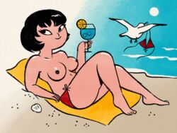 beach bird breasts casual clothing exhibitionism female human jucika pale_skin retro_artstyle retro_artstyle_(western) sea solo swimwear tagme