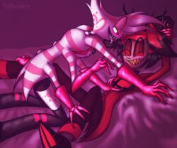 2boys alastor_(hazbin_hotel) angel_dust_(hazbin_hotel) anthro arachnid clothing demon gloves hand_on_chest hazbin_hotel heart horns imminent_sex red_eyes red_hair shad0w-galaxy smooth_skin spread_legs stockings tongue_out vivienne_medrano white_fur yaoi