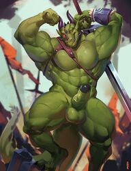 2019 5_fingers abs anthro armband balls biceps big_balls big_biceps big_muscles black_claws black_glans claws dragon erection fingers fist flag flexing glans green_balls green_body green_penis hi_res holding_object holding_sword holding_weapon horn huge_muscles humanoid_penis male male_only melee_weapon muscular muscular_male mystikfox61 navel nude outside pecs penis red_sclera reptile scalie sharp_claws slit_pupils smile smirk solo standing step_pose sword teeth triceps varanis_blackclaw vein veiny_penis weapon