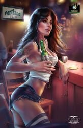 1girls alcohol ass bar beer beer_bottle big_breasts black_hair blue_eyes blue_shorts breasts busty calie_liddle chair comic_cover cris_delara eye_contact female female_only grimm_fairy_tales_zenescope hot_pants large_breasts looking_at_viewer official_art pink_lips pink_lipstick pinup portland realistic shirt short_shorts shorts solo standing stockings striped_stockings striped_thighhighs tattoo text thighhighs white_shirt zenescope