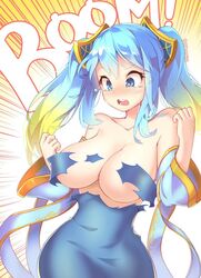 1girls accidental_exposure blue_eyes blue_hair breasts cleavage curvy dress embarrassed embarrassed_nude_female exposed exposed_nipples female female_only hair_ornament large_breasts league_of_legends lost_clothes multicolored_background multicolored_dress multicolored_hair open_mouth shocked solo sona_buvelle sonawill tears text topless torn_clothes torn_clothing torn_dress wardrobe_malfunction yellow_hair