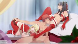 1boy 2girls artoria_pendragon black_hair blonde_hair breasts cunnilingus emiya_shirou fate/stay_night fate_(series) fellatio ffm_threesome inusen male oral penis pussy_lick red_legwear saber santa_costume santa_hat santa_suit shiny shiny_skin thighhighs threesome tohsaka_rin whentai