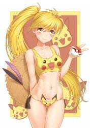 anarchojs blonde_hair breasts female human human_only long_hair nintendo pichu pikachu pokemon pokemon_adventures pokemon_rgby ponytail tagme tank_top yellow_(pokemon) yellow_bikini_bottom