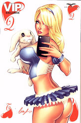 1girls alice_(wonderland) alice_in_wonderland alice_in_wonderland_(zenescope) alice_liddell alice_liddell_(cosplay) ass big_boobs big_breasts blonde_hair blue_corset blue_eyes blue_hairband blue_skirt boobs breasts busty comic_cover corset cowboy_shot elias_chatzoudis eye_contact female female_only grimm_fairy_tales_zenescope hairband holding_object huge_breasts iphone large_breasts lipstick looking_at_viewer looking_back looking_back_at_viewer official_art panties pinup playing_card queen_of_hearts_(playing_card) rabbit red_lips red_lipstick selfie sideboob signature skirt smartphone solo standing text thighs tutu valentine's_day white_corset white_panties zenescope