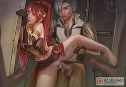 1girls 2boys breasts circlet cum cum_in_pussy cum_inside dark-skinned_male gloves high_ponytail hoobamon human large_breasts leg_lift leg_up long_hair mercury_black penis ponytail pyrrha_nikos rape red_hair rwby sex silver_hair skirt skirt_lift straight testicles upskirt vagina vaginal_penetration vaginal_sex white_hair