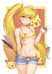 1girls abs anarchojs blonde_hair breasts cleavage clothed eye_contact female jean_shorts long_hair looking_at_viewer nintendo pokemon pokemon_(manga) pokemon_adventures pokemon_rgby ponytail small_breasts solo source_request suggestive yellow_(pokemon) yellow_bikini_top