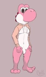 2019 anthro anthrofied balls bottomless clothed clothing digital_media_(artwork) dinosaur flaccid hoodie humanoid_penis lewd_lotl male male_only mario_(series) meme nintendo partially_clothed penis pink_clothing pink_hoodie pink_sweater pink_topwear pink_yoshi portrait reptile scalie simple_background smile solo standing sweater toony topwear twitter_hoodie uncut video_games yoshi