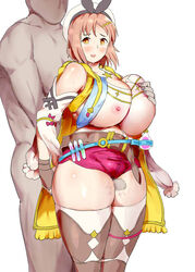 1boy 1girls atelier_(series) atelier_ryza bare_shoulders big_breasts bloomers blush breast_grab brown_eyes brown_hair busty censored cleavage curvy drooling erect_nipple erect_nipples eyelashes eyeliner faceless_male female footwear front_view gloves gym_shorts hat hourglass_figure huge_breasts human legwear looking_back male mozu-k necklace nipple_bulge open_mouth pose posing reisalin_stout ribbon saliva shiny shiny_skin short_hair simple_background solo sound_effect standing stockings sweat thick_thighs thigh_sex tongue_out vest video_game video_games voluptuous white_background wide_hips