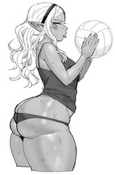 1girls ass ass_cleavage ball big_ass breasts butt_crack curvy dark-skinned_female dark_elf dark_skin elf elf-san_wa_yaserarenai female hairband huge_ass humanoid kuroeda long_hair mole mole_under_eye monochrome panties plump pointy_ears simple_background sketch solo sweat synecdoche tank_top thick_thighs thong tongue tongue_out white_hair wide_hips