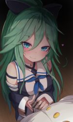 admiral_(kantai_collection) bar_censor bare_shoulders black_bow blue_neckwear bow censored choker detached_sleeves eyeshadow female green_eyes green_hair hair_between_eyes hair_ornament hairbow hairclip handjob heart highres kantai_collection long_hair looking_at_viewer makeup neckerchief penis ponytail pov precum rai_e_ru sailor_collar school_uniform smile very_long_hair white_choker white_sailor_collar yamakaze_(kantai_collection)