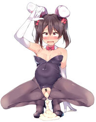 \m/ absurdres animal_ears arm_up ass_visible_through_thighs bangs black_footwear black_legwear black_leotard blush bow bowtie breasts breasts_out bunny_ears bunny_girl bunnysuit cum cumdrip detached_collar drooling elbow_gloves fake_animal_ears female gloves hairbow heart heart-shaped_pupils high_heels highres huge_belly inflation leotard love_live! love_live!_school_idol_project nipples one_eye_closed open_clothes open_mouth pantyhose popii_(yuuta679) pregnant ready_to_pop red_bow red_eyes red_neckwear rolling_eyes saliva simple_background small_breasts smile solo spread_legs squatting symbol-shaped_pupils tearing_up tears teeth torn_clothes torn_legwear twintails wavy_mouth white_background white_gloves yazawa_nico