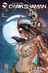 belly_button big_breasts black_hair bodypaint bone_necklace breasts busty cleavage colby_cinders comic_cover convenient_censoring crow face_paint facepaint feathers grimm_fairy_tales_zenescope large_breasts lipstick loincloth long_hair midriff mike_krome moon native native_american navel necklace night official_art red_lips red_lipstick scepter shaman staff stomach text ula_mos zenescope