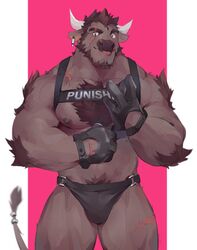 beard bovine brown_eyes bull ear_piercing fur gloves hydaus jockstrap male_only muscles muscular punisher scar solo tagme tongue_out underwear